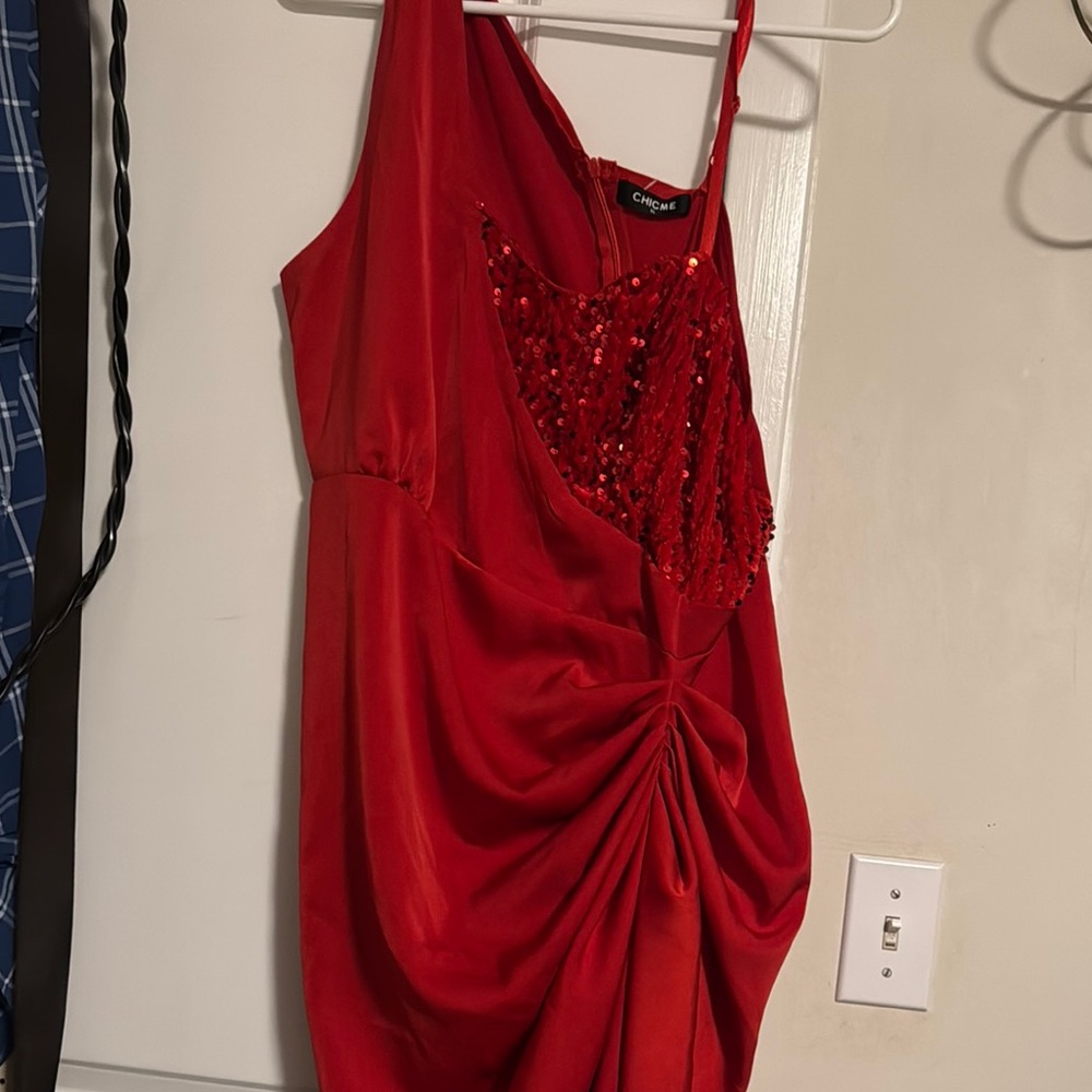Red Ruched Embellished Spaghetti Strap Mini Dress